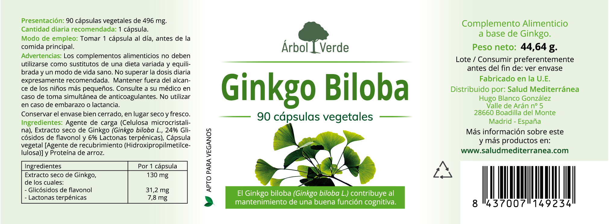 Etiqueta Ginkgo Biloba Estandarizado - 90 Cápsulas. Árbol Verde. Herbolario Salud Mediterranea