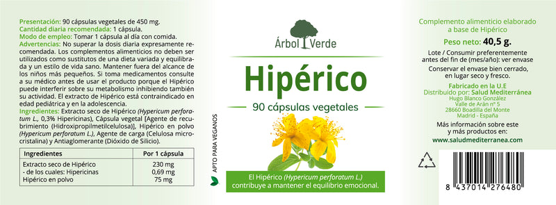 Etiqueta Hipérico - 90 Cápsulas Vegetales. Árbol Verde. Herbolario Salud Mediterranea