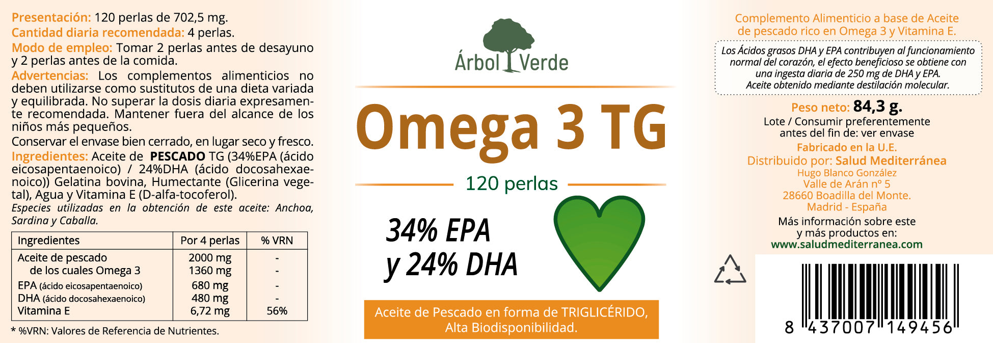 Etiqueta Omega 3 TG (con 34% EPA y 24% DHA) - 120 Perlas. Árbol Verde. Herbolario Salud Mediterranea