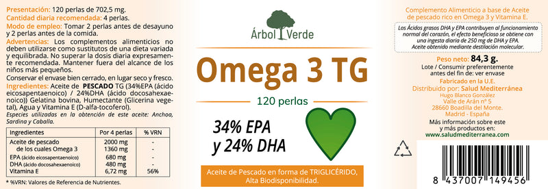 Etiqueta Omega 3 TG (con 34% EPA y 24% DHA) - 120 Perlas. Árbol Verde. Herbolario Salud Mediterranea