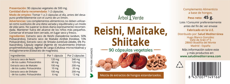 Etiqueta Reishi, Maitake, Shiitake - 90 Cápsulas. Árbol Verde. Herbolario Salud Mediterránea
