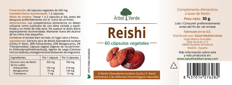 Etiqueta Reishi - 60 Cápsulas. Árbol Verde. Herbolario Salud Mediterránea