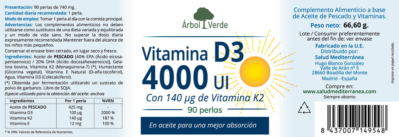 Etiqueta Vitamina D3 4000 UI + K2 - 90 Perlas. Árbol Verde. Herbolario Salud Mediterránea