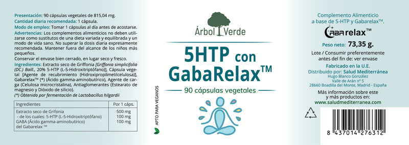 Etiqueta 5 HTP con GABARELAX® - 90 Cápsulas. Árbol Verde. Herbolario Salud Mediterránea