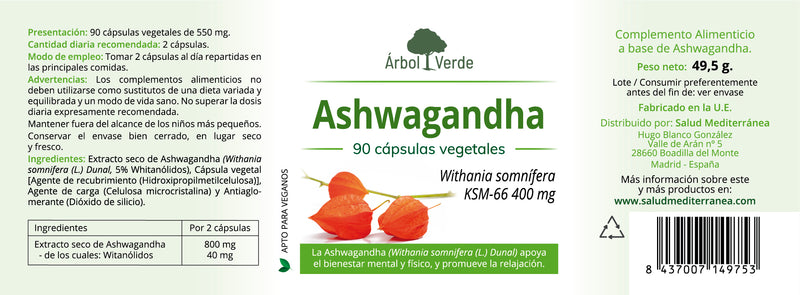 Etiqueta Ashwagandha - 90 Cápsulas Vegetales. Árbol Verde. Herbolario Salud Mediterranea