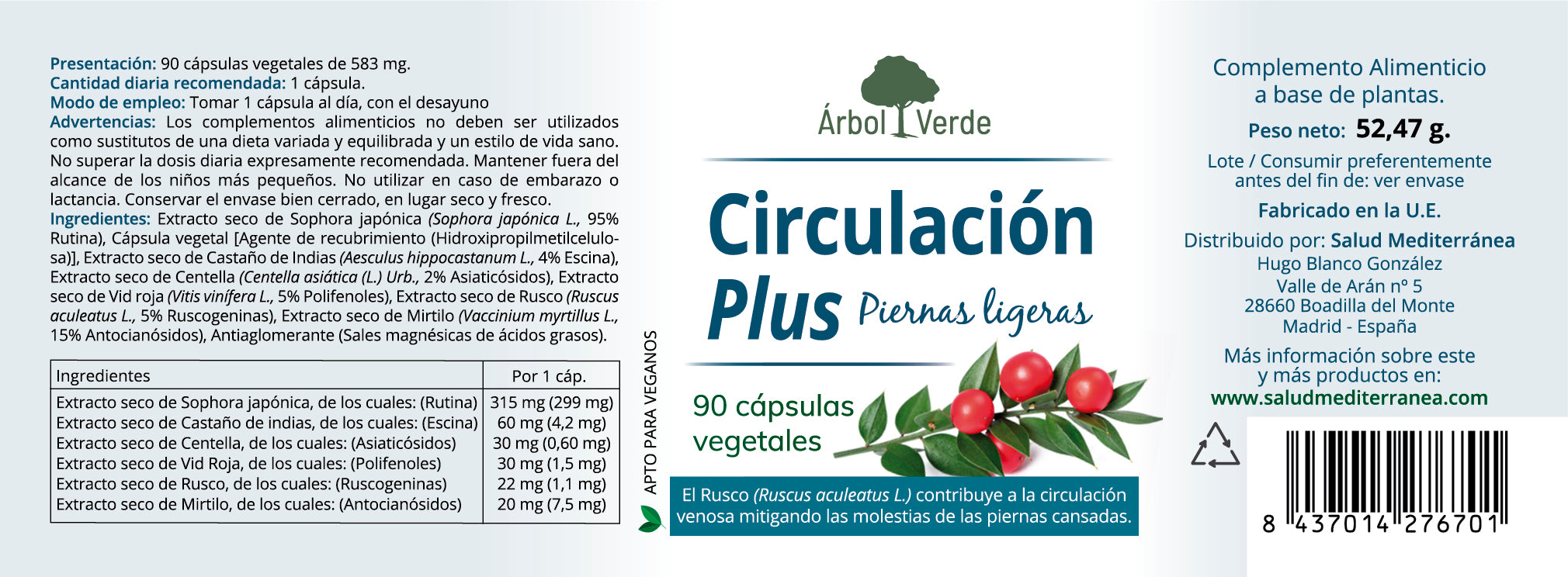 Etiqueta Circulación plus - 90 Cápsulas. Árbol Verde.Herbolario Salud Mediterranea