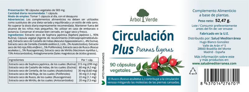 Etiqueta Circulación plus - 90 Cápsulas. Árbol Verde.Herbolario Salud Mediterranea