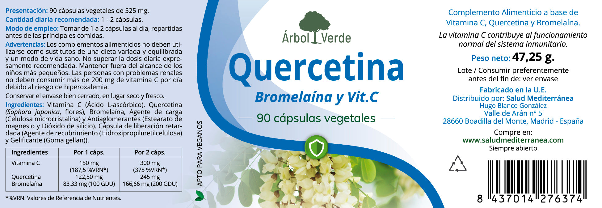Etiqueta Quercetina, Bromelaína y Vitamina C - 90 Cápsulas. Árbol Verde. Herbolario Salud Mediterranea