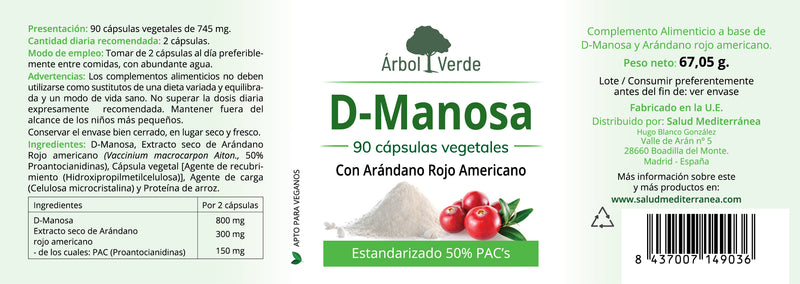 Etiqueta D-Manosa con Arándano Rojo Americano - 90 Cápsulas. Árbol Verde. Herbolario Salud Mediterranea