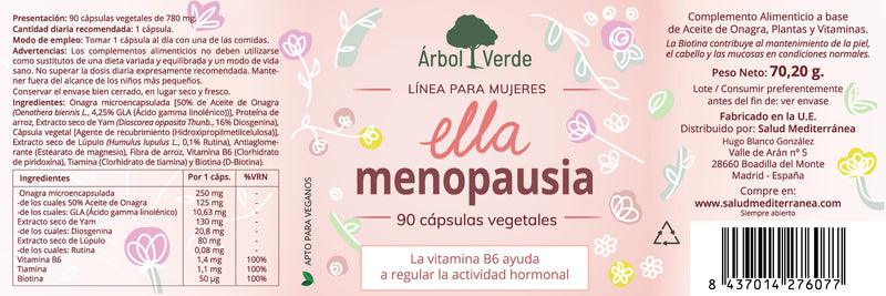 Etiqueta Ella Menopausia - 90 Cápsulas. Árbol Verde. Herbolario Salud Mediterránea