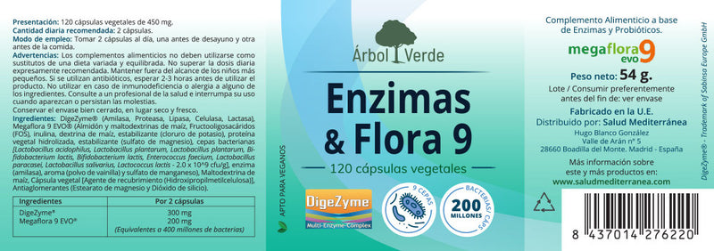 Etiqueta Enzimas & Flora 9 - 120 Cápsulas. Árbol Verde. Herbolario Salud Mediterránea
