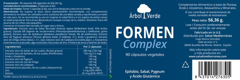 Etiqueta Formen Complex - 90 Cápsulas. Árbol Verde. Herbolario Salud Mediterranea