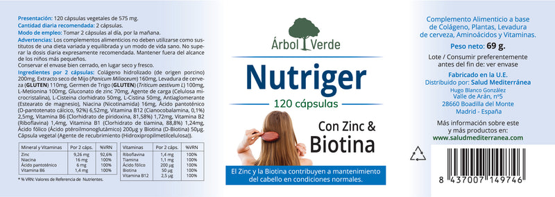 Etiqueta Nutriger (con biotina & zinc) - 120 Cápsulas. Árbol Verde. Herbolario Salud Mediterranea