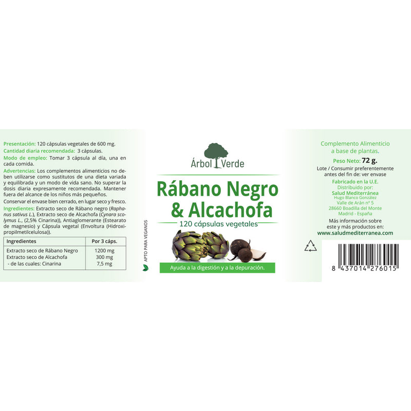 Etiqueta Rábano Negro & Alcachofa (Estandarizado) - 120 Cápsulas. Árbol Verde. Herbolario Salud Mediterránea
