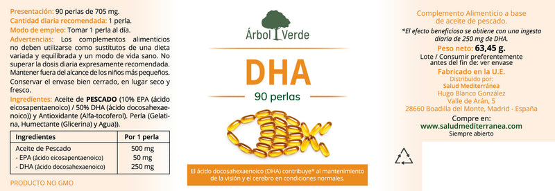Etiqueta DHA - 90 Perlas. Árbol Verde. Herbolario Salud Mediterranea