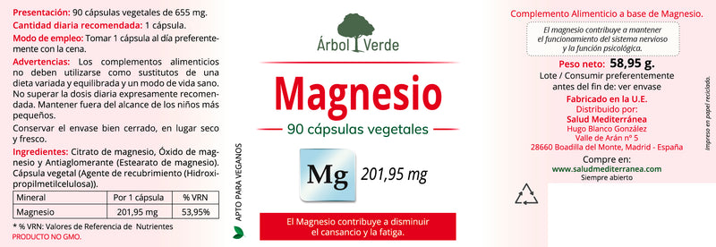 Etiqueta de Magnesio - 90 Cápsulas. Árbol Verde. Herbolario Salud Mediterránea