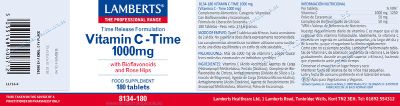 Etiquetas Vitamina C Time 1000 mg - 180 Cápsulas. Lamberts. Herbolario Salud Mediterranea