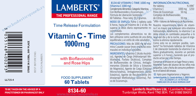 Etiqueta Vitamina C Time 1000 mg - 60 Cápsulas. Lamberts. Herbolario Salud Mediterranea