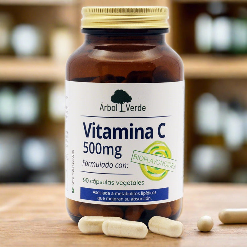 Bote y cápsulas  Vitamina C PureWay 500 mg con Bioflavoniodes - 90 Cápsulas. Árbol Verde. Herbolario Salud Mediterránea