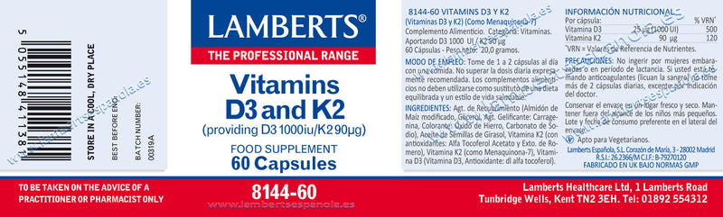 Vitamina D3 e Vitamina K2 - 60 Cápsulas. Lambert