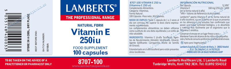 Vitamina E 250 UI - 100 Cápsulas. Lamberts