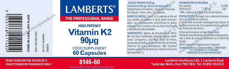 Vitamina K2 90 mcg - 60 Capsulas. Lamberts