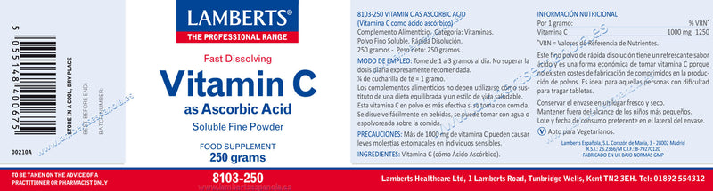 Etiqueta Vitamina C en forma de Ácido ascórbico - 250 g. Lamberts. Herbolario Salud Mediterranea
