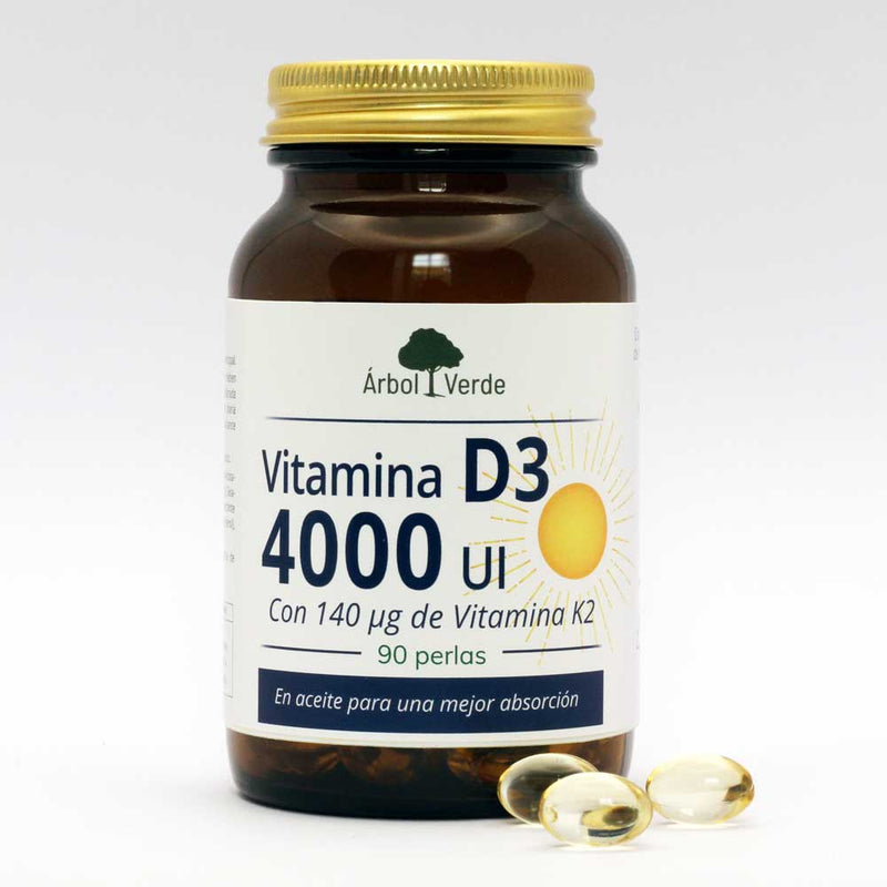 Bote y perlas de Vitamina D3 4000 UI + K2 - 90 Perlas. Árbol Verde. Herbolario Salud Mediterránea