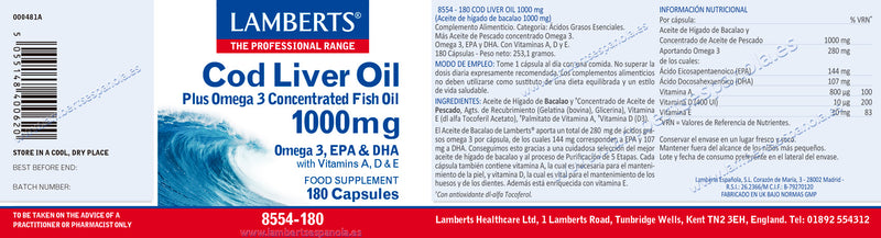 Aceite de Hígado de Bacalao 1000 mg en forma de triglicéridos - 180 Cápsulas. Lamberts. Herbolario Salud Mediterranea