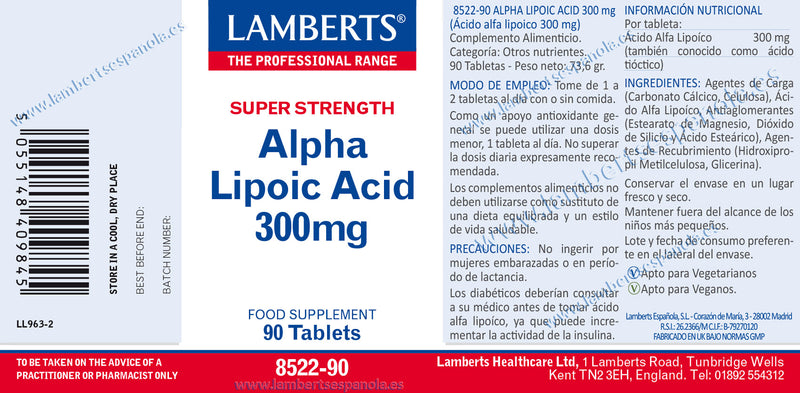 Atiqueta Ácido Alfa Lipoico 300 mg - 90 Cápsulas. Lamberts. Herbolario Salud Mediterránea