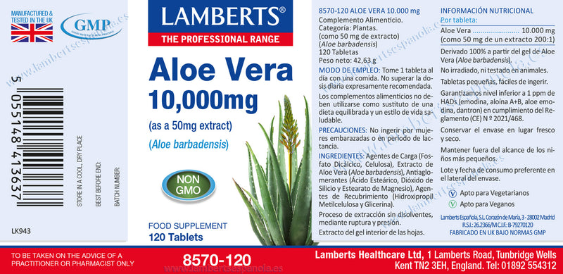 Etiqueta Aloe Vera 10.000 mg en Extracto - 120 Tabletas. Lamberts. Herbolario Salud Mediterranea