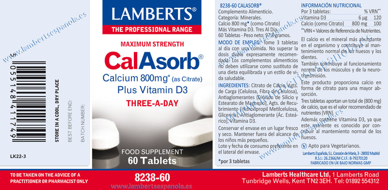 E:tiqueta CalAsorb - 60 Tabletas. Lamberts. Herbolario Salud Mediterranea
