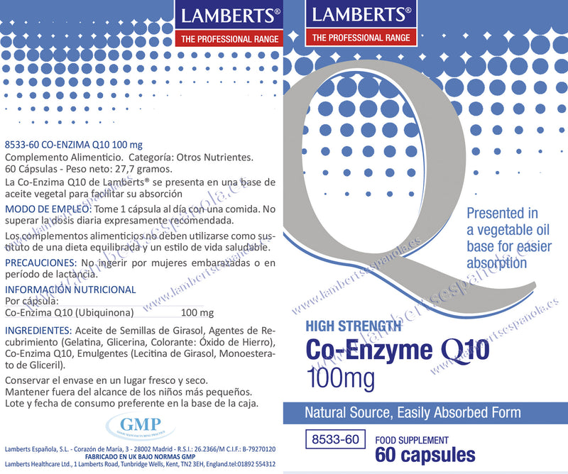 Etiqueta Co-Enzima Q10 100 mg - 60 Cápsulas. Lamberts. Herbolario Salud Mediterránea