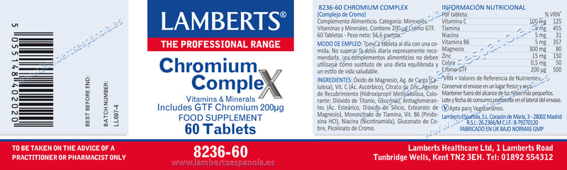 Cromo Complex - 60 Tabletas. Lamberts. Herbolario Salud Mediterranea