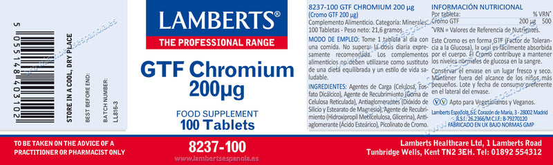 Etiqueta Cromo GTF - 100 Tabletas. Lamberts. Herbolario Salud Mediterranea