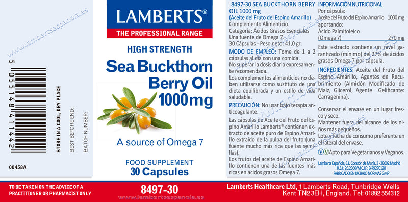 Etiqueta Aceite del fruto de Espino Amarillo 1000 mg rico en Omega 7, Lamberts. Herbolario Salud Mediterránea