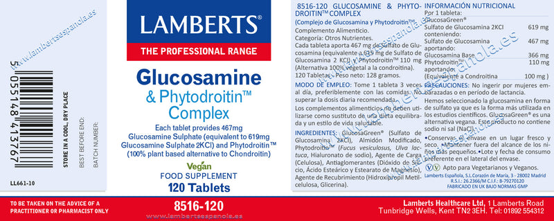 Etiqueta Glucosamina y Phytodroitin Complex - 120 Tabletas. Lamberts. Herbolario Salud Mediterranea