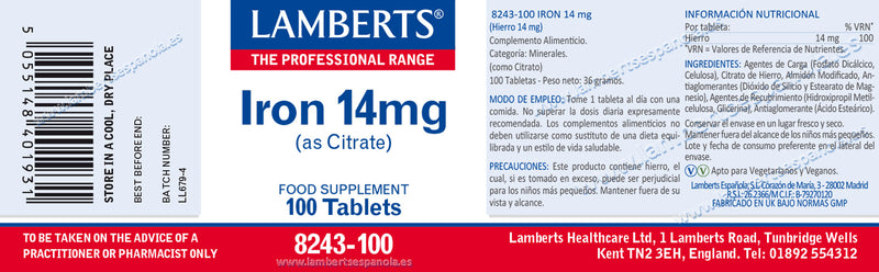 Hierro 14 mg - 100 Tabletas. Lamberts. Herbolario Salud Mediterranea