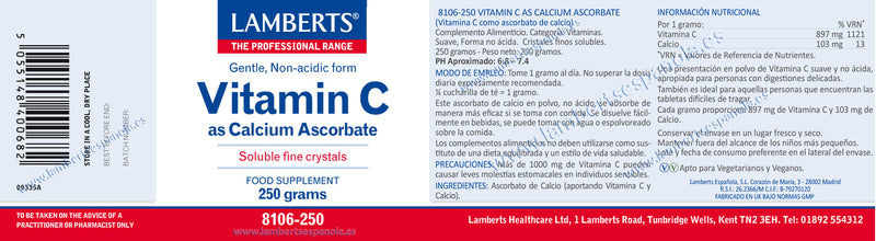 Etiquetas Vitamina C como Ascorbato de Calcio - 250 gramos. Lamberts. Herbolario Salud Mediterranea
