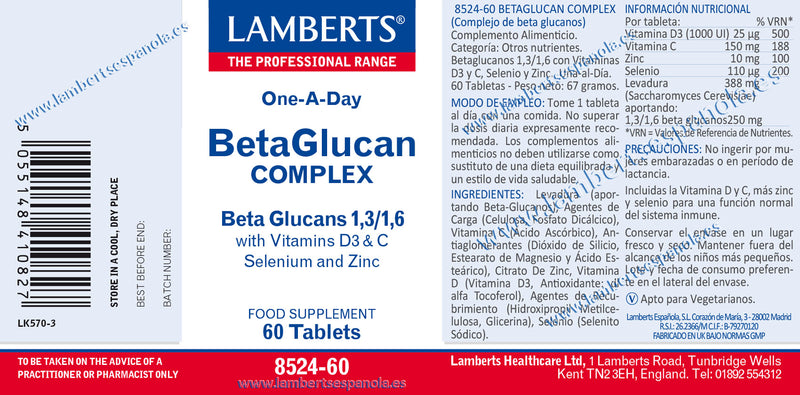 Complejo de Beta Glutacanos - 60 Tabletas. Lamberts. Herbolario Salud Mediterranea