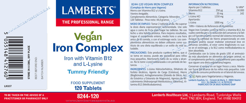 Complejo de Hierro para Veganos - 120 tabletas. Lamberts. Herbolario Salud Mediterranea