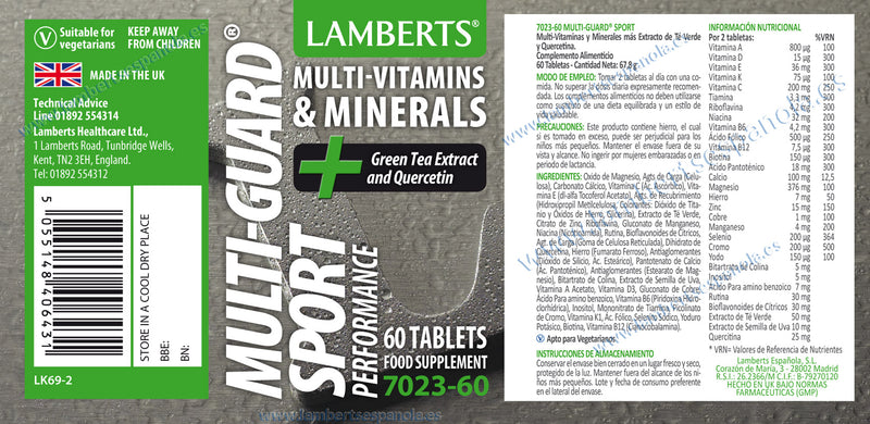 Etiquetas Multi-Guard Sport - 60 Tabletas. Lamberts. Herbolario Salud Mediterranea