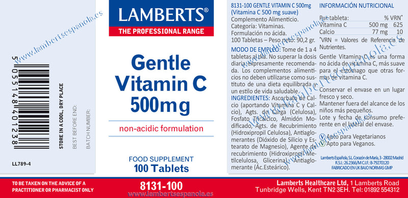 Etiquetas Vitamina C 500 mg en forma suave, no ácida - 100 Tabletas. Lamberts. Herbolario Salud Mediterranea