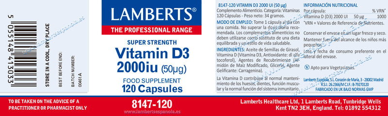Etiqueta Vitamina D3 2000 UI (50 µg) - 120 caps. Lamberts. Herbolario Salud Mediterranea