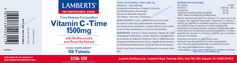 Etiqueta Vitamina C 1500mg con Bioflavonoides Liberación Sostenida - 120 tabletas. Lamberts. Herbolario Salud Mediterranea