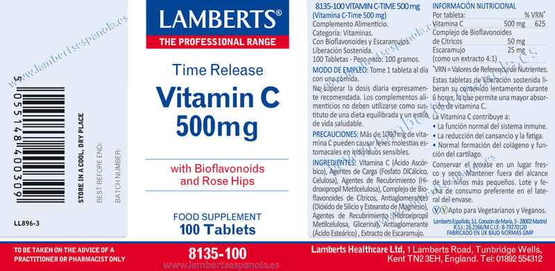 Etiqueta Vitamina C 500mg con Bioflavonoides Liberación Sostenida - 100 tabletas. Lamberts. Herbolario Salud Mediterranea