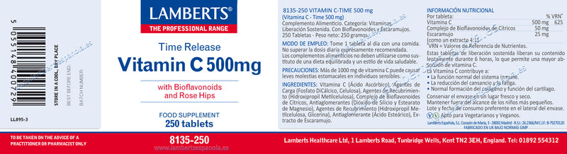 Etiqueta Vitamina C 500mg con Bioflavonoides Liberación Sostenida - 250 tabletas. Lamberts. Herbolario Salud Mediterranea