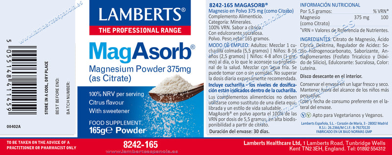 Etiqueta MagAsorb en polvo - 165 gr. Lamberts. Herbolario Salud Mediterranea