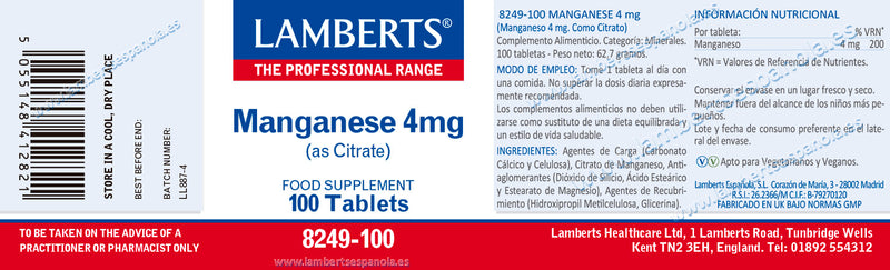 Etiqueta Manganeso 4 mg - 100 Tabletas. Lamberts. Herbolario Salud Mediterranea