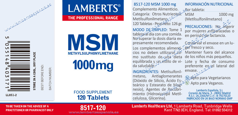 Etiqueta MSM 1000 mg -120 Tabletas. Lamberts. Herbolario Salud Mediterránea